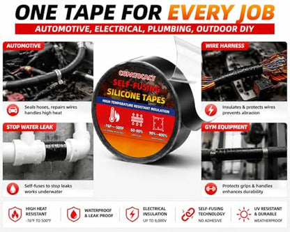 Self Fusing Silicone Tape Waterproof, Rescue Tape, 1" x 33 Feet, Self Amalgamating Tape, Silicone Rubber for Sealing Pipes, Hose Repair, Outdoor Coax and Electrical Cables - color: Black