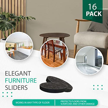 Performore 16 Pack Heavy-Duty Felt Furniture Sliders 3.5-Inch Round Floor Protectors Reusable Pads for Moving Chairs, Sofas, Tables on Carpet & Hardwood