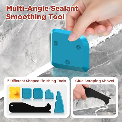 6 in 1 Silicone Caulking Tool Kit with Caulk Grout Remover Tool Sealant Finishing & Smoothing Tool, Grout Scraper, 6 Reusable Pads and Adhesive Residue Scraper for Kitchen Bathroom Tile Sink (Red) - color: Red
