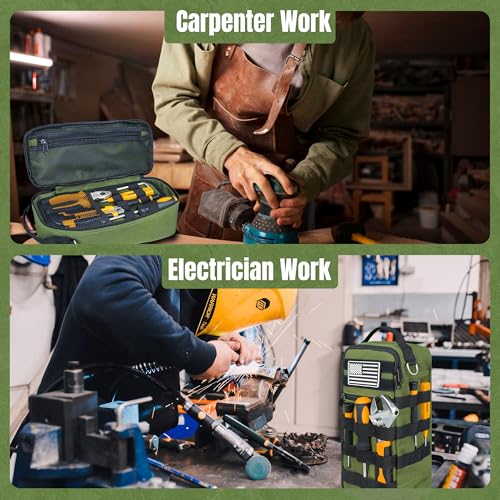 13 Inch Portable Small Tool Bag, Heavy Duty Tool Hand Bag with Shoulder Strap and D-ring Clip, Tactical Tool Bag, Tool Pouch Organizer for Electricians, Carpenters, HVAC Technicians (Army Green) - color: Army Green