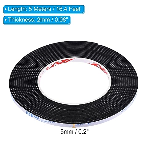 PATIKIL 5m/16.4ft Sealing Foam Tape, 2 Rolls 5mm Wide 2mm Thick Single Sided Weather Stripping Door Seal Strip for Window Door Insulation, Black - size: 5mx5mmx2mm