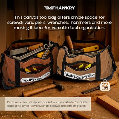 HAWKRY Heavy Duty Canvas Tool Bag Set of 2 – Waterproof Canvas Zipper Pouch, Garden Tool Bag, Construction Bags Heavy Duty, Small Zipper Pouch, Motorcycle Tool, Multipurpose Fishing Bag - color: Beige, Brown