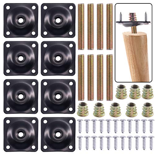 Swpeet 8 Sets Black 12 Degree Angled Leg Mounting Plates with Hanger Bolts Screws, Furniture Leg Attachment Plates Industrial Strength T-Plate M8 Sofa Legs with Hanger Bolts - style: Black 12° Furniture Legs