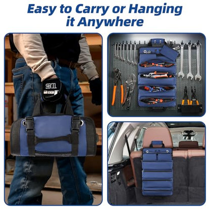 Tool Roll Bag, Heavy Duty Tool Organizer Roll Up, Portable Tool Storage Bag Easily Hanging on the Wall and Car for Professional Mechanics, Electricians, Carpenters, and Hobbyists, Blue
