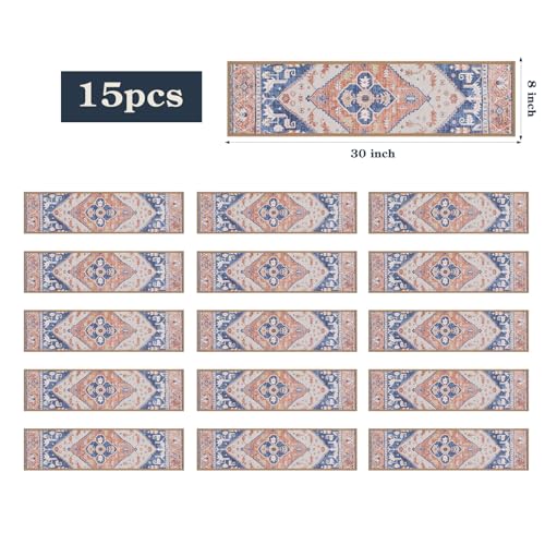 Lahome Non Slip Peel and Stick Stair Treads 15 Pack 8" X 30" Carpet Treads for Wood Stairs, Washable Self Adhesive Mat Edging Staircase for Tenant Defend The Steps from Scratches Dorie,Blue-Tan - color: Blue/Tan