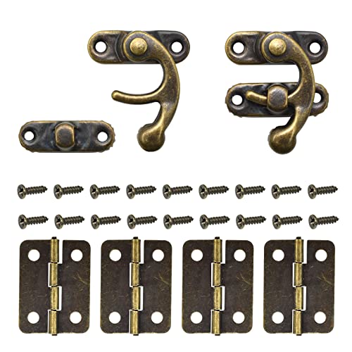 40Pcs Antique Bronze Box Hinges and 20 Sets Antique Right Latch Hook Hasp Wood Jewelry Box Hasp Catch with Matching Screws Kit for Decorative DIY Jewelry Cabinet Small Wooden Box