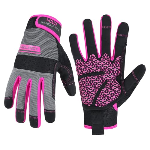 HANDLANDY HLDD Work Gloves Women, Safety Work Gloves Touchscreen Working Glove for Mechanic, Gardening, Construction, DIY - color: Hot Pink-upgraded, size: Medium