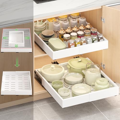 1 Pcs Pull Out Drawers for Cabinets Organizer Expandable Width(11.8"-19.4"), Depth(16.45"-21.7") With 3 Rails, No Drill Roll Out Drawer, Adhesive Sliding Drawers - color: White