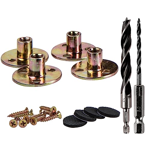 La Vane Leg Mounting Plates Kit, Furniture Attachment Hardware Fittings, Repair/Replacement Parts - 4X 5/16" Round Screw-in T-Nuts, 2X Drills Bits (12mm / 3mm), 12x Screws, 4X Floor Protectors - color: Hardware, size: For 5/16 Inch Bolt