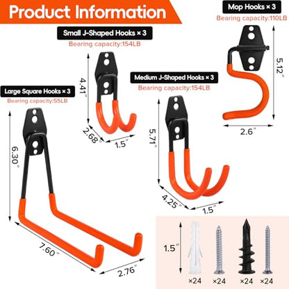 Garage Hooks, 12 Pack Heavy Duty Steel Utility Hooks for Hanging, Wall Mount Garage Storage Hooks for Tools, Ladders, Bikes, Bulky Items, Orange - size: 12 Pack