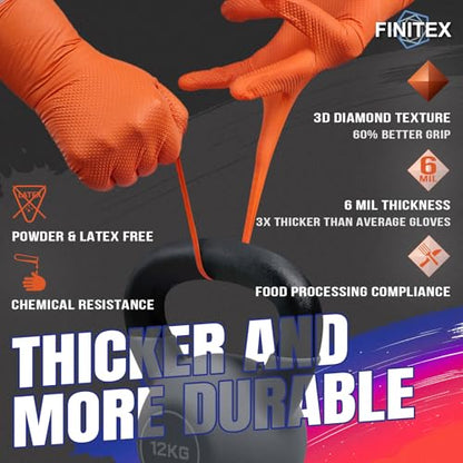 FINITEX Industrial Diamond Texture Nitrile Orange Glove - 100/1000PCS Chemical Resistant 6.3mil Mechanic Disposable Gloves - color: Orange (Medium 1000)