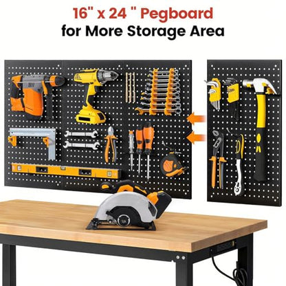 ENJOYWOOD 60" x 22" Heavy Duty Workbench Adjustable Height Garage Work Table with Solid Rubberwood Top, Pegboard & Power Outlets for Workshop, Home & Office - size: XXX-Large