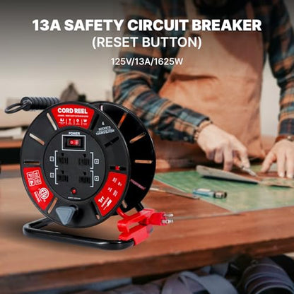 1ft Cord Reel, Retractable Extension Lead with Winding Handle, Safety Overload Circuit Breaker and Power Switch, 4x Grounded Outlets, 13amps, 14AWG Cable