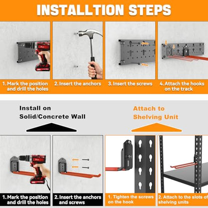 TORACK Garden Tool Organizer Wall Mount, Garage Folding Chair Storage Rack, Tools Rack for Shovels, Rakes, Broom, Ladders, Hooks for Keyhole Style Shelving Unit - style: 4 panels with 10 hooks