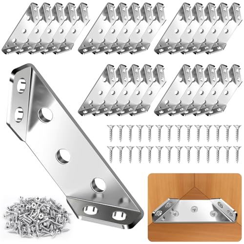 MAPVOLUT 25PCS Universal Stainless Steel Corner Brackets for Wood, Metal Furniture Corner Connector for Wood, Sturdy Angle Bracket Corner Brace with 150 Screws Strong Fixing - size: Silver 25Pcs