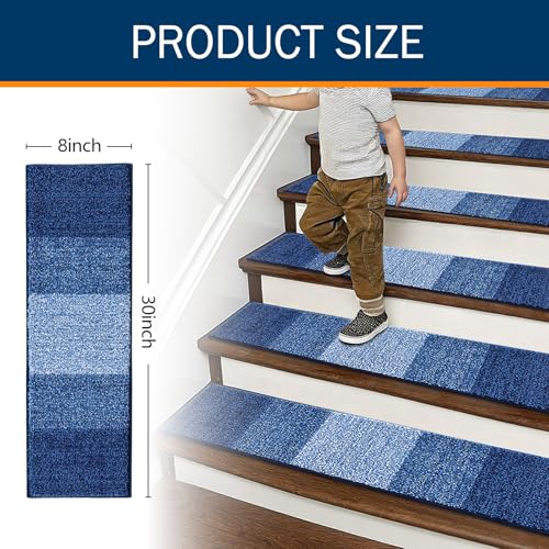 OLANLY Stair Treads Non Slip 15PCS, 8" x 30" Indoor Stair Runners for Wooden Steps, Edging Stair Rugs with Reusable Peel and Stick Adhesive for Kids Elders and Pets, Navy - color: Navy
