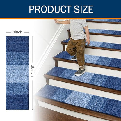 OLANLY Stair Treads Non Slip 15PCS, 8" x 30" Indoor Stair Runners for Wooden Steps, Edging Stair Rugs with Reusable Peel and Stick Adhesive for Kids Elders and Pets, Navy - color: Navy