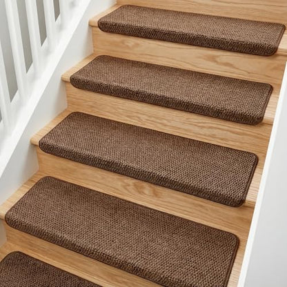 MBIGM Bullnose Non-Slip Stair Treads w/Reusable Adhesive 14 Pack 9.5" x 30" Wooden Steps Protection - TPU Backing with Steel Reinforcement - Anti-Slip Solution Knitted Brown Non Slip Stair Tread - color: Brown - Knitted