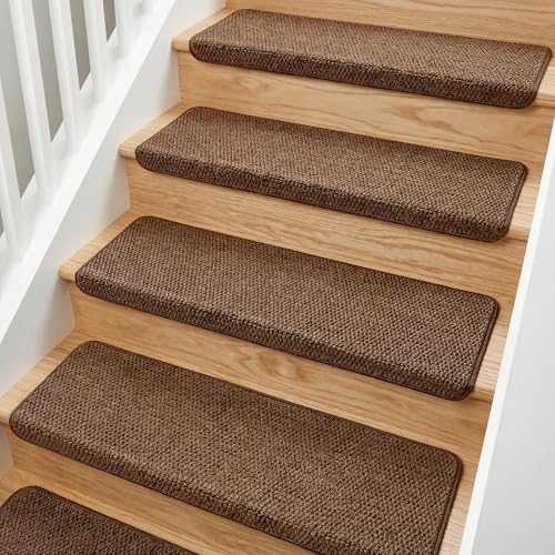 MBIGM Bullnose Non-Slip Stair Treads w/Reusable Adhesive 14 Pack 9.5" x 30" Wooden Steps Protection - TPU Backing with Steel Reinforcement - Anti-Slip Solution Knitted Brown Non Slip Stair Tread - color: Brown - Knitted