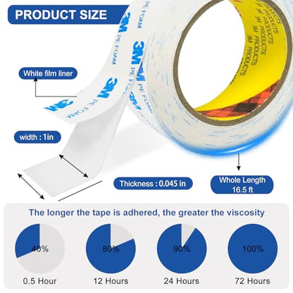 3M Double Sided Tape 0.39"×16.5ft No Residue,Picture Hanging Strips Heavy Duty Mounting Tape, Removable PE Foam Tape Waterproof for Poster Tape, Carpet Tape Rug Gripper,Art & Craft Tape - size: 0.39in×16.5ft