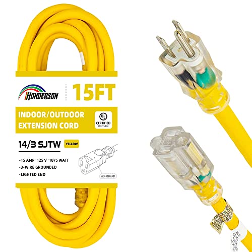 Indoor Outdoor Extension Cord Weatherproof with Lighted End, UL Listed, 14 Gauge 15FT Yellow 3 Prong Heavy Duty, 14/3 SJTW 15A Power Cord for Outdoor Lights, Lawn - size: 15FT, style: 14/3