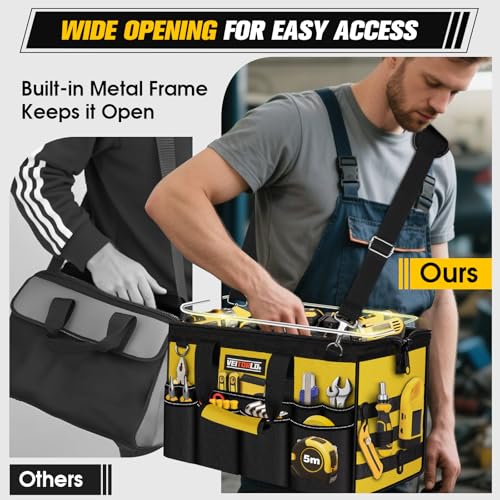 16-Inch Heavy Duty Tool Bag, 19-Pockets Tool Box Organizer, Portable Toolbag W/Soft Handle for Organized Storage, Mechanic Gifts for Men Dad Husband Fathers Day, Wide Mouth Electrician Toolbox, Yellow - style: Handle-Yellow