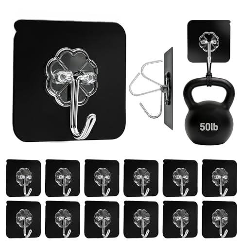 DDMY Black Heavy Duty Adhesive Hooks 2026 Upgraded 50lbs（Max） Sticky Wall Hooks for Hanging 12 Pack No Damage Hook Strong Waterproof Bathroom, Kitchen, Shower,Ceiling, Office and Outside Decor Hanger - color: Black, size: 12 Pieces
