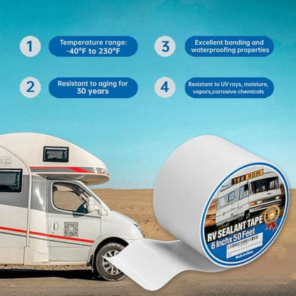 RV Roof Tape White,6 Inch X 50 Feet RV Sealant Tape,RV Camper Roofing Repair Sealant Tape, Waterproof Leak Tape for RV Repair,UV Resistant, Weatherproof, for Boat Sealing, Camper,Tents - size: 6 Inch X 50 Feet (Tape Only)