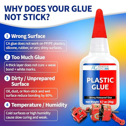 Adhesive Guru Plastic Glue (4X 0.7 oz) Ultra Strong Super Glue for Plastic Repairs, Waterproof Adhesive for Bonding Models DIY Crafts, Toys, PVC, ABS, 3D Printings and More - 4 Pack - size: 4 Pack, style: Plastic Glue