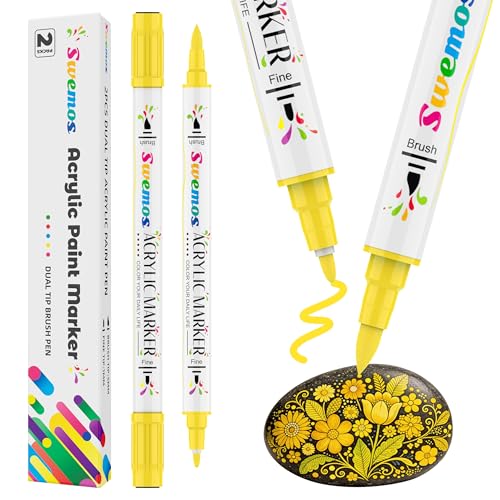 Swemos 2Pcs Yellow Acrylic Paint Pens Markers, Dual Tip with Fine Tip and Brush Tip Pens Acrylic Paint Markers Waterproof Acrylic Markers Set for Rock, Canvas Stone, Wood, Glass, Metal (YELLOW, 2) - style: YELLOW