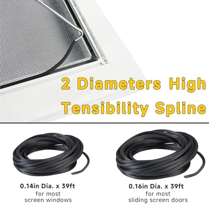 48"x177" Window Screen Replacement Kit & Screen Door Repair Kit, Fiberglass Mesh Roll with Spline, Roller, Hook, Cutter & Ruler, Sliding Screen Door & Window Mesh Replacement for Patio, Porch, Home - size: 48'' x 177''
