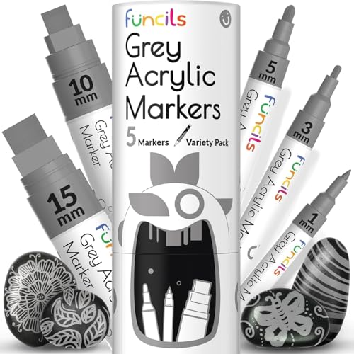 5 Grey Acrylic Paint Pen - Fine Tip, Thin Point & Jumbo Pens (1mm, 3mm, 6mm, 10mm, 15mm) - Gray Paint Marker for Fabric, Canvas, Wood, Rock Painting, Tire, Metal, Glass - Water-based ink - color: Grey