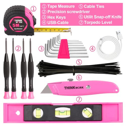 THINKWORK 122-Piece Pink Tool Set with 3.6V Rotatable Electric Screwdriver, Home Tool Kit for Women with Easy Carrying Round Pouch, Ladies Pink Tool Kit for Home Maintenance, DIY, Gifts - style: 122-Piece