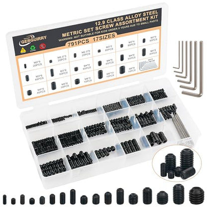 791PCS Set Screws, 17Sizes Metric Set Screw Assortment Kit, M2/2.5/3/4/5/6/8 12.9 Alloy Steel Black Grub Set Screws, Internal Hex Drive Cup-Point Screws for Bathroom Fixtures, Door Handles - size: 791PCS 17Size Metric