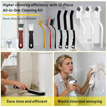 12Pcs Crevice Cleaning Brush Set, Hard Bristle Small Cleaning Brushes for Household Use with Scraper & Hook, Multi-Purpose Cleaning Tool for Kitchen, Bathroom, Grout, Corners, Tight Spaces