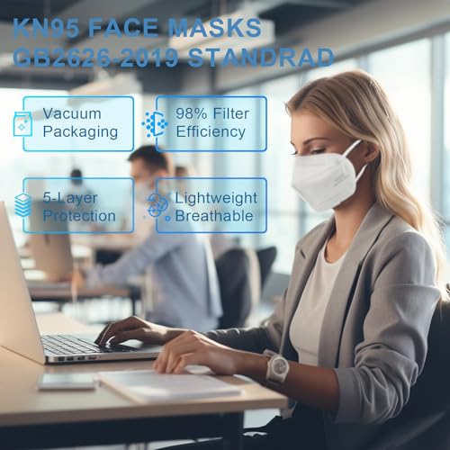 XIKII KN95 Face Masks 50 Pack 5-Ply Breathable & High Elastic Ear Loops, Alike N95 Masks for Adults 95% Filtration Efficient Foldable Mask Adjustable Nose Clip for Outdoor Activities