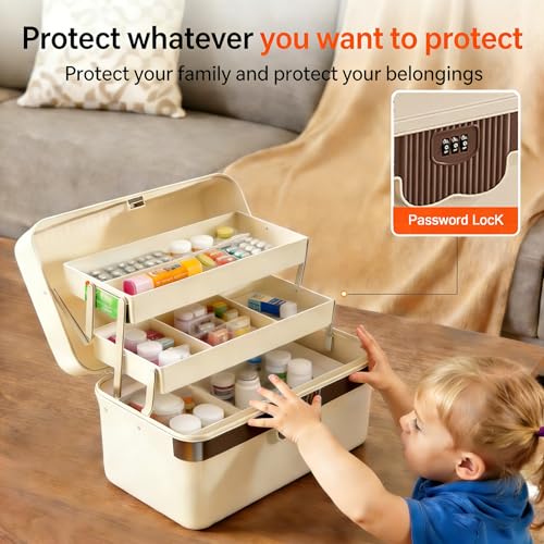 3-Layer Plastic Tackle Lock Box Organizers Storage, Portable Folding Sewing Box with Handle Dividers, Multipurpose Case for Sewing, Art Supplies, Medicine Lock Boxes, Tools Lock Organizer