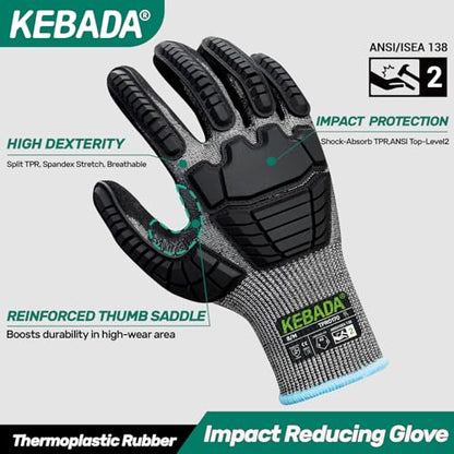 Kebada Impact Protection Gloves, ANSI A2 Cut Resistant Work Gloves with Grip, Touchscreen, Sandy Nitrile Coated - color: Black (3 Pair), size: XXXS