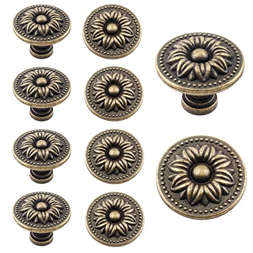 Zorfeter 10 Pcs Antique Bronze Cabinet Knobs Pull, Vintage Rustic Style Drawer Knobs Decorative Round Handles for Furniture Cupboard Dresser - color: Vintage Flower Knobs
