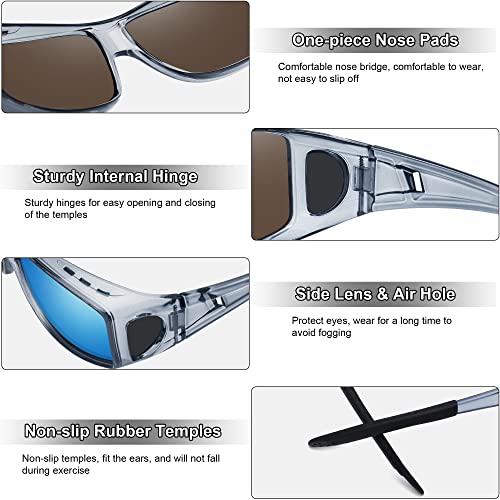 MEETSUN Fit Over Glasses Sunglasses for Men Women,Wrap Around Sunglasses Polarized UV400 Protection - color: (Z1)clear Gray Frame-blue Mirror Lens