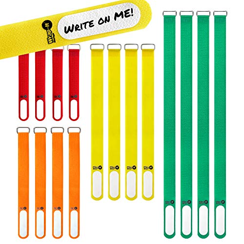 Wrap-It Storage Cinch-Straps (Assorted 16 Pack) Hook and Loop Straps with Metal Buckles and Write on Labels for Easy Cord Identification, Waterproof, Reusable, Multi-Purpose, Adjustable - color: Multi, size: Assorted 16 Pack (5",8",12",18")
