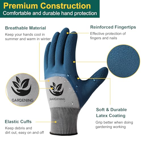 Trifabricy Garden Gloves for Women/Men - 6 Pairs Latex Gardening Gloves with Grip, Protective Work Gloves for Lawn Yard - color: Blue & Grey