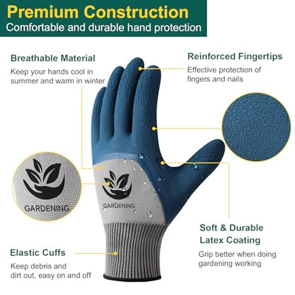 Trifabricy Garden Gloves for Women/Men - 6 Pairs Latex Gardening Gloves with Grip, Protective Work Gloves for Lawn Yard - color: Blue & Grey