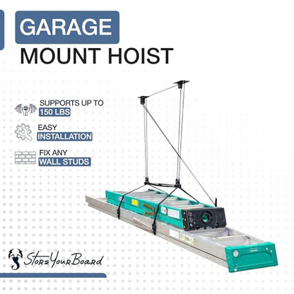 StoreYourBoard Ladder Storage Ceiling Pulley System, Garage Mount Hoist, Heavy Duty Hanging Organizer Holds 150 lbs - size: 8 Ft - 10 Ft Ceiling