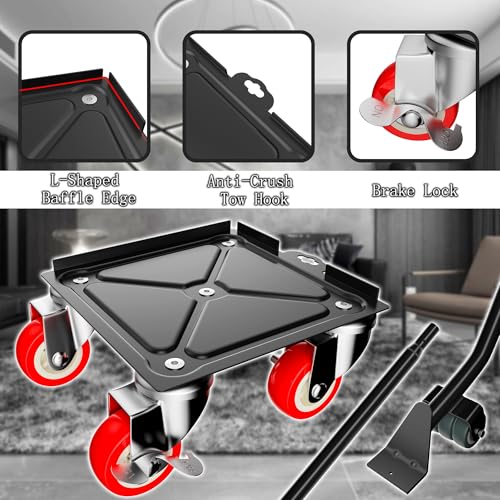 Furniture Dolly,Furniture Movers with 5 Wheels,Silent & 360° Rotating Wheels & Side Brake,2400 Lbs Capacity,Carbon Steel Panel Heavy Duty Dolly for Appliances,Sofas,Beds,Pianos - color: Red, size: 6.8x6.8 in