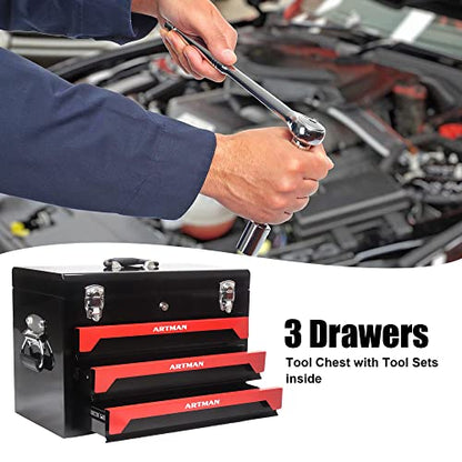Runboll Mechanics Tool Set 339-Piece 3-Drawer Toolbox with Tools Kits Included, with pliers, ball hammer, screwdrivers, wrenches, Hex Keys, and More - color: Red, size: Toolbox w/ Kits