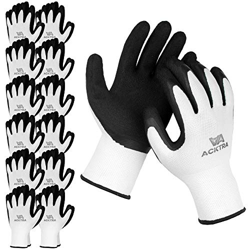 ACKTRA Premium Coated Nylon Safety WORK GLOVES 12 Pairs, Knit Wrist Cuff, for Gardening and General Purpose, for Men & Women, WG009 White Polyester, Black Latex, X-Large - color: White / Black (Premium), size: X-Large (Pack of 12)