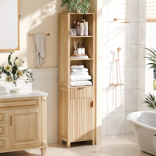 VINGLI Narrow Fluted Bathroom Floor Skinny Storage Cabinet with 1 Fluted Door&Drawer,68" Tall Narrow12 Inch Deep Slim Bathroom Storage Cabinet for Small Space w/3 Adjustable Shelves,Natural Oak Color - color: Natural Oak, style: 68" Tall Fluted Narrow Cab