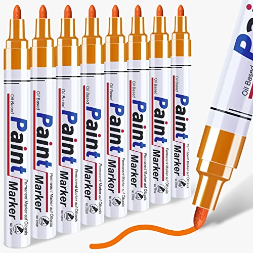 Orange Paint Pen Permanent Paint Markers - 8 Oil Based Paint Pens, Medium Tip, Quick Drying and Waterproof Marker Pens for Metal, Rock Painting, Wood, Fabric, Plastic, Canvas, Mug, Orange Marker - color: Orange