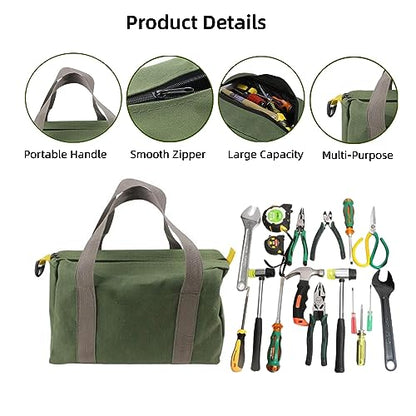 16 Inch Wide Mouth Tool Bag, Heavy Duty Canvas Tool Storage Bag for Men, Large Capacity Tool Tote Bag for Electricians, Power Tool Organizer Pouch - size: 16 Inch